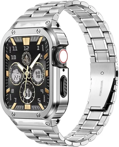 Miniatura 7 de MioHHR - Correa de acero inoxidable para reloj con estuche compatible con Apple Watch Series 6 5 4 SE3/2/1 (44 mm) Series 3/2/1 (42 mm), correa