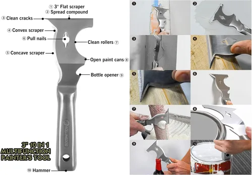 Miniatura 2 de ROLLINGDOG Herramienta de pintor 10 en 1 - Hoja de una pieza pulida en espejo de acero inoxidable y mango grabado con láser, cuchillo de masilla