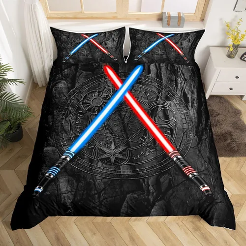 Miniatura 10 de Juego de funda de edredón para niños con diseño de gato lindo, tamaño individual, juego de ropa de cama con hojas de flores, luna, noche y cielo