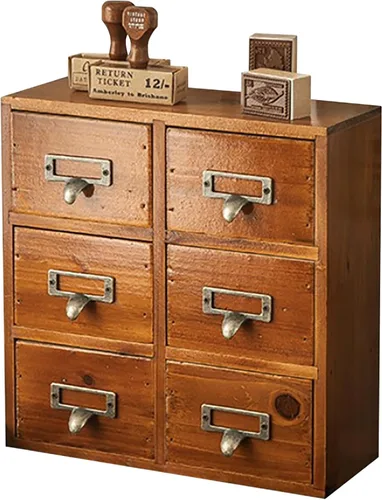 Cajones de catálogo de tarjetas vintage para escritorio, mini gabinete de escritorio de madera de 6 cajones para mesa de estudio de oficina, cajones