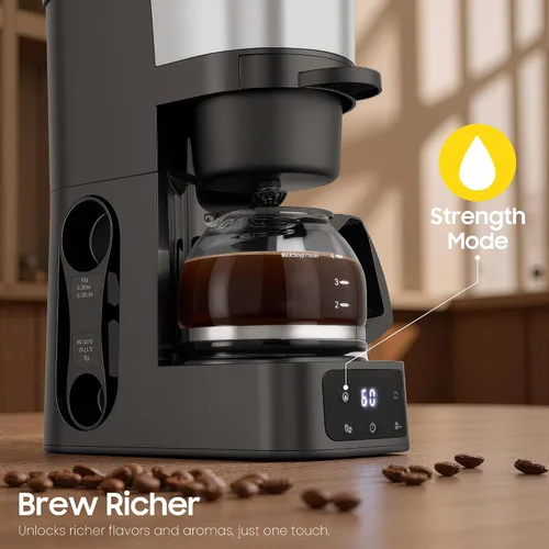Miniatura 5 de ATSENT Cafetera de Moler y Preparar Café, Cafetera de Goteo con Molinillo Integrado, Máquina de Café Programable de 5 Tazas con Intensidad