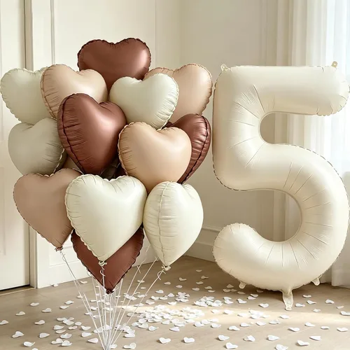 Miniatura 16 de Globos de 40 pulgadas color crema número 10, 17 piezas de globos de helio grandes con globos de corazón neutros crema nude caramelo beige marrón