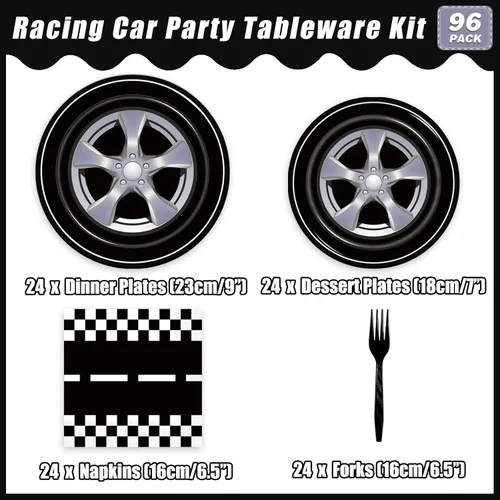 Miniatura 2 de Kepeel Juego de 96 platos y servilletas para fiesta de autos de carreras, suministros de fiesta, decoración de deportes de carreras para niños