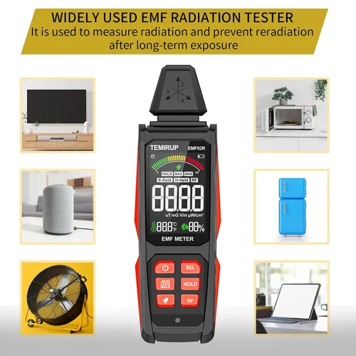 Miniatura 9 de Detector EMF, TEMIRUP 5 en 1 Medidor EMF Portátil Detector de Radiación, Detecta EF, RF, MF, Señal WiFi, Temperatura, Humedad, Lector EMF Recargable