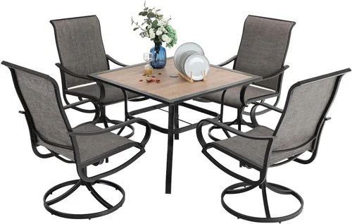 Miniatura 10 de PHI VILLA Juego de comedor de patio de 5 piezas con 4 sillas de comedor giratorias para exteriores y 1 mesa de comedor redonda grande, silla de tela