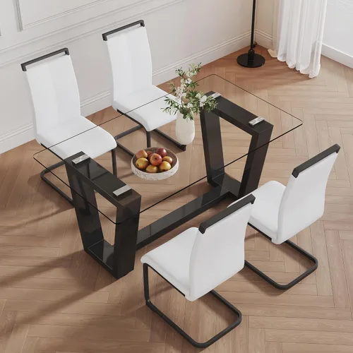 Miniatura 21 de Ebullient - Juego de mesa de comedor de cristal para 4, juego de mesa de comedor moderno para 4, tablero de vidrio templado con patas trapezoidales