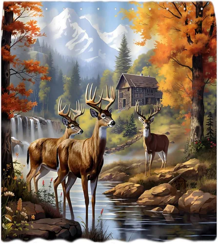 Cortina de ducha de cabaña de ciervos, otoño, montaña, bosque, cascada, vida silvestre, caza, cabaña, cortina de baño de poliéster con ganchos, 35