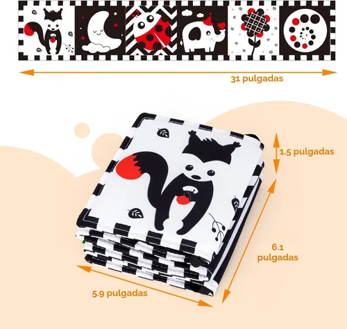 Miniatura 7 de Cawgug Juguetes para bebés de alto contraste en blanco y negro para el desarrollo del cerebro del recién nacido, tiempo boca abajo, libro suave