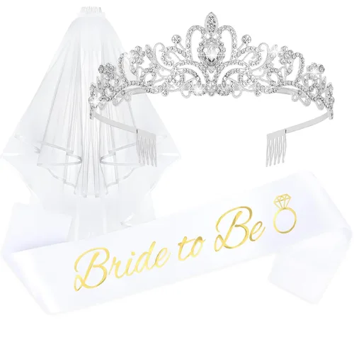 Miniatura 11 de CIEHER Corona de oro rosa + banda de novia + velo de boda para despedida de soltera, decoraciones de despedida de soltera, banda de despedida