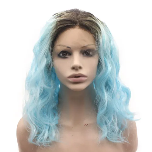 Mxangel - Peluca de encaje sintético ondulado medio largo con raíces negras, color azul degradado