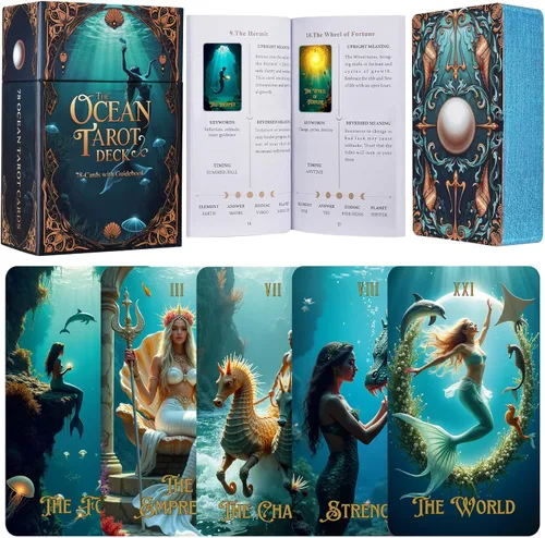 XSYLOHXL Juego de cartas de tarot oceánico con libro guía para principiantes, juego de tarot de oráculo único de lámina dorada con hermosa caja de