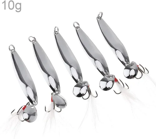 Miniatura 9 de Kit de pesca de señuelos de cucharas de 5 piezas, cebos giratorios de metal con ganchos agudos para lubina salmón
