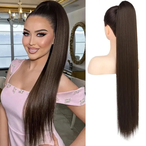 Miniatura 21 de Flufymooz - Extensión de cola de caballo de 26 pulgadas, extensiones de cabello con cordón y clip rectas, cola de caballo falsa natural suave