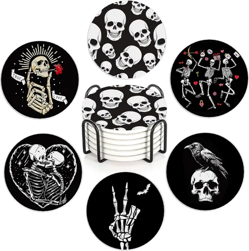 Miniatura 15 de Juego de 6 posavasos de mesa para bebidas, posavasos redondos de cerámica de acuarela bosque nebuloso, con base de corcho y soporte de metal, Bosque