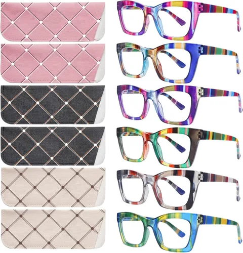SIGVAN - Paquete de 6 gafas de lectura estilo Oprah con bloqueo de luz azul, montura cuadrada, bisagra de resorte para computadora para mujeres y 6