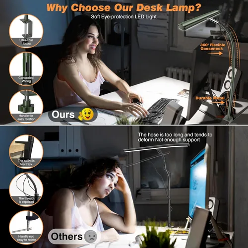 Miniatura 4 de Airlonv Lámpara de escritorio LED para oficina y hogar, luz de escritorio que cuida los ojos con atenuación continua, cuello de cisne flexible Verde