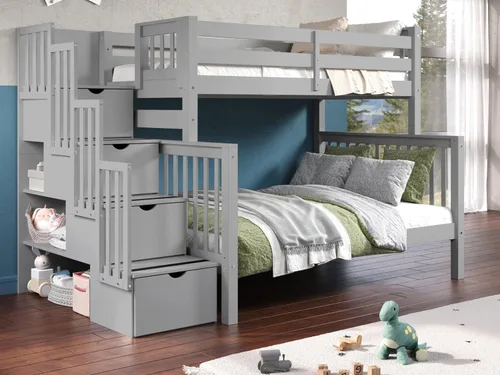 Bedz King Literas de escalera de tamaño individual sobre matrimonial con 4 cajones en los escalones, color gris