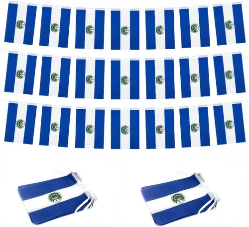 Paquete de 2 banderines de la bandera de El Salvador – Mini banderín salvadoreño pequeño para decoración interior y exterior (60 pies de largo y 60