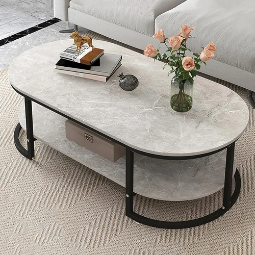Miniatura 9 de Mesa auxiliar moderna de mármol sintético, mesa de centro ovalada, mesa de centro de madera con almacenamiento abierto, mesa auxiliar minimalista