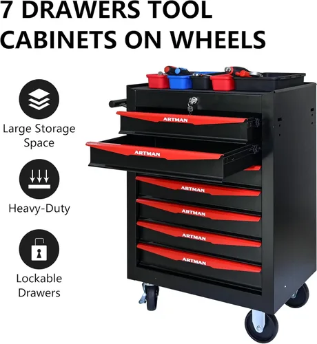 Miniatura 7 de Carro de herramientas con 7 cajones con ruedas, cofre de almacenamiento de herramientas con ruedas multifuncional, organizador de cajones con ruedas