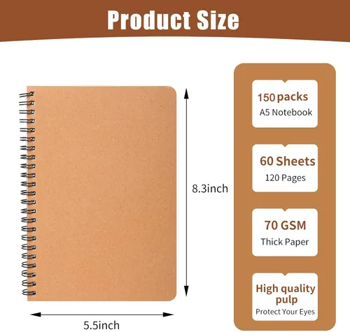 Miniatura 2 de miikoul - 150 paquetes de cuadernos en espiral A5, 8.3"×5.5", 60 hojas/120 páginas, cuadernos de viaje con tapa dura y a rayas para oficina