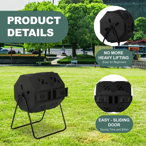 Miniatura 3 de Contenedor de compostaje para exteriores, doble cámara, capacidad de 43 galones, sin BPA, giratorio por lotes, con puertas correderas, compostador