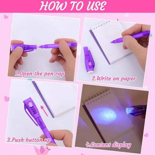 Miniatura 4 de 12 bolígrafos de tinta invisible y mini cuaderno, bolígrafo espía con luz UV para niños, bolígrafos de tinta que desaparecen para escribir mensajes