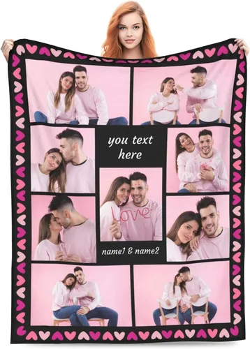 Miniatura 9 de HUGLAZY Manta de franela personalizada con fotos y nombre para regalo del día de San Valentín para novio, novia, esposo y esposa