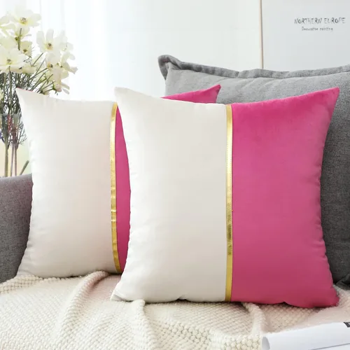 Miniatura 13 de OTOSTAR Fundas de almohada de terciopelo amarillo y blanco con retazo de cuero dorado, lujosas, modernas, minimalistas, cuadradas, para sala