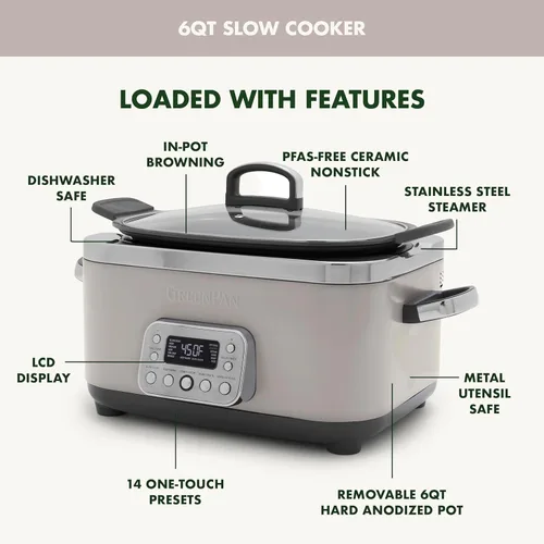 Miniatura 4 de GreenPan Elite 14 en 1 Olla de cocción lenta programable de 6QT, tapa apta para lavavajillas y olla extraíble, multicocina sin PFAS con Arcilla