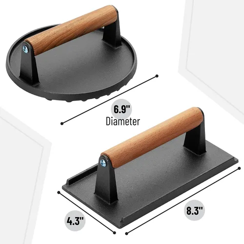 Miniatura 2 de UNCO Prensa de parrilla de hierro fundido: 6.9' redondo y 8.3' x 4.3' rectangular - Prensa de hamburguesas y carne, ideal para planchas