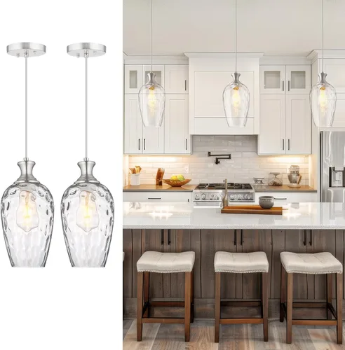 Miniatura 12 de Lámpara colgante de 3 luces, moderna lámpara de araña de níquel cepillado para comedor sobre mesa con vidrio martillado, luces colgantes de racimo