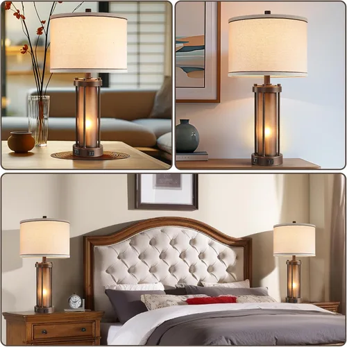 Miniatura 4 de Juego de 2 lámparas de mesa de estilo granja para sala de estar con 2 puertos de carga USB, lámparas rústicas vintage para mesita de noche con luz