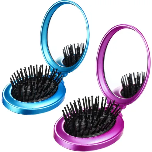 Miniatura 8 de Boao Paquete de 2 Cepillos de Cabello con Espejo de Viaje Plegables Redondos Portátiles Plegables de Bolsillo Mini Peine Compacto de Tamaño de Viaje