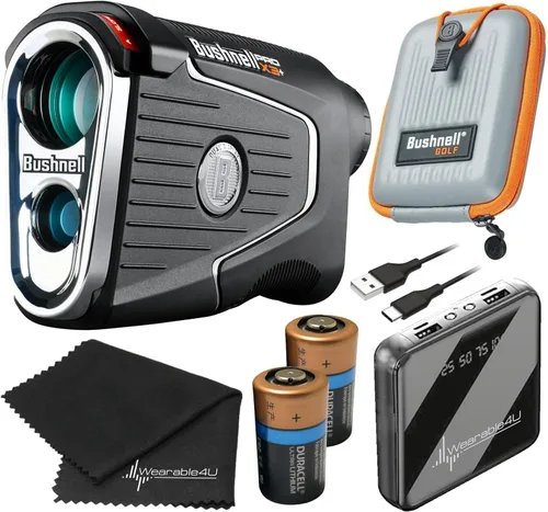 Bushnell PRO X3 / Pro X3+ Plus - Telémetro láser avanzado de golf con funda de transporte incluida, mosquetón, paño para lentes y paquete de 4U