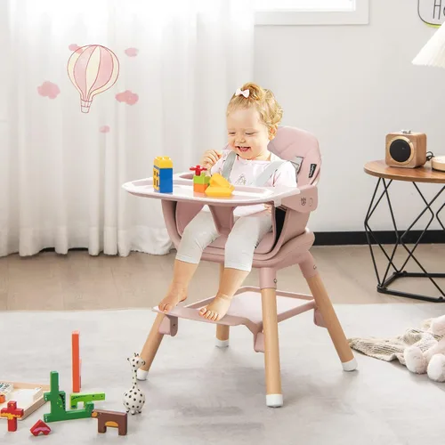 Miniatura 9 de BABY JOY Silla Alta para Bebé, Trona Convertible de Madera 6 en 1 para Bebés y Niños Pequeños con Patas Ajustables, Doble Bandeja Extraíble, Arnés