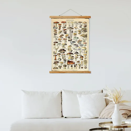 Miniatura 4 de Ovfovy Póster vintage de hongos con marco de madera, estilo retro de pintura botánica de pared, póster de tabla de referencia ilustrativa para sala
