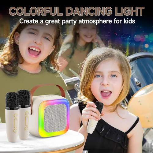 Miniatura 5 de Mini máquina de karaoke para niños, adolescentes y adultos, máquina de karaoke para niños con 2 micrófonos inalámbricos y luces LED, juguetes