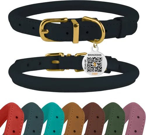 Miniatura 18 de Collar de cuero enrollado, redondo, suave y ajustable con placa de identificación por QR para perro pequeño, mediano y grande, cachorro y gato Rosa