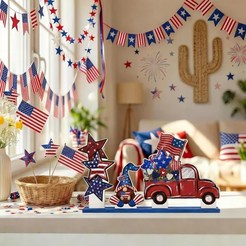 Miniatura 3 de Smile - Juego de decoración patriótica de madera, 3 piezas con bandeja escalonada del 4 de julio con camión rojo, gnomo y pila de estrellas