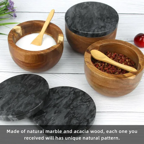 Miniatura 7 de Caja de Sal de Madera con Tapa de Mármol y Cuchara, Moderno Recipiente de Piedra Negra para Sal o Pimienta Azúcar Especias Condimentos, Contenedor