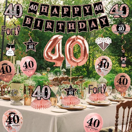 Miniatura 6 de Turypaty Kit de 34 piezas de decoración de cumpleaños 40 para mujer, globos de feliz cumpleaños de 40 años de oro rosa, centro de mesa, kit