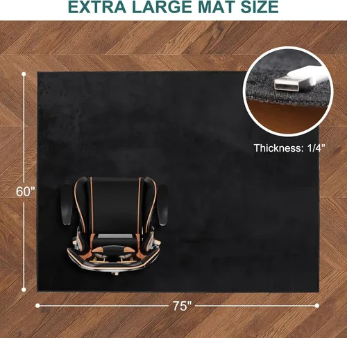 Miniatura 2 de Tapete para silla de oficina, 75 x 60 pulgadas, tapete grande para sillas para suelos duros, alfombra de tela de franela para superficie dura, Negro