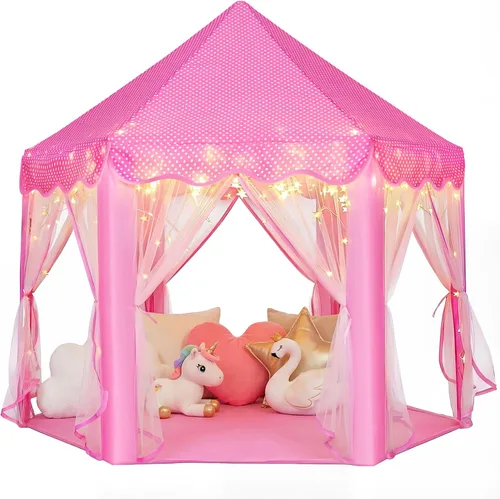 Miniatura 6 de wilwolfer Tienda de campaña tipo castillo de princesa para niñas, tienda de campaña hexagonal grande para jugar, casa de juegos con luces de Tienda