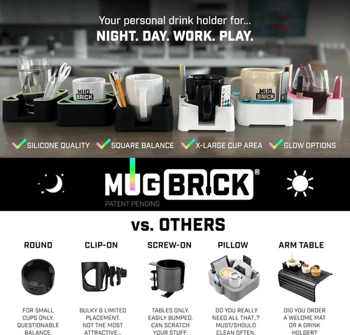 Miniatura 6 de MugBrick - Portavasos de silicona portátil para escritorio, sofá y cama. Apto para lavavajillas, soporte para bebidas antiderrames para oficina, (A)