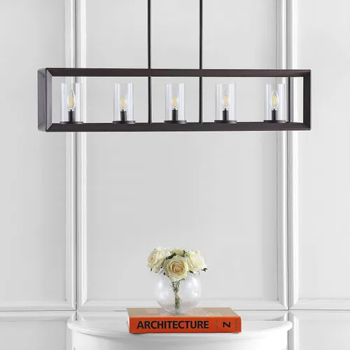 Miniatura 9 de JONATHAN Y Candelabro LED lineal de latón dorado de 38.5 pulgadas, con 5 luces, pantallas de vidrio transparente ajustables, lámpara colgante