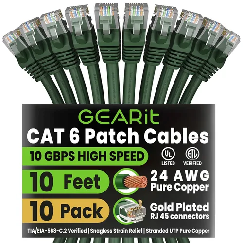 Miniatura 46 de Paquete de Cable Ethernet Cat 6 GEARit - Pack de 10 cables de conexión Ethernet Cat6 de 15 pies Cable de conexión de red RJ45, conectores dorados