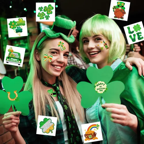 Miniatura 5 de HOWAF 96 tatuajes temporales del día de San Patricio, calcomanías de tatuaje de trébol con purpurina para decoraciones de fiesta irlandesa, tatuajes
