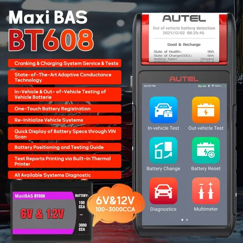 Miniatura 2 de Autel MaxiBAS BT608 - Probador de batería automotriz (actualización gratuita) y analizador de sistema eléctrico, 6V/12V (100-3000 CCA), conductancia
