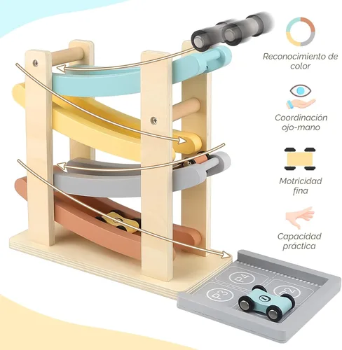Miniatura 3 de Joyreal Montessori - Juguetes para niños de 1 a 2 años – 4 niveles de madera de juguete de carreras de coches con 4 mini autos y garajes – Regalos